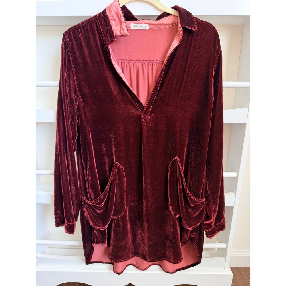 Free People x CP Shades Burgundy Silk Blend Velvet Tunic Top Pocket Pullover XS